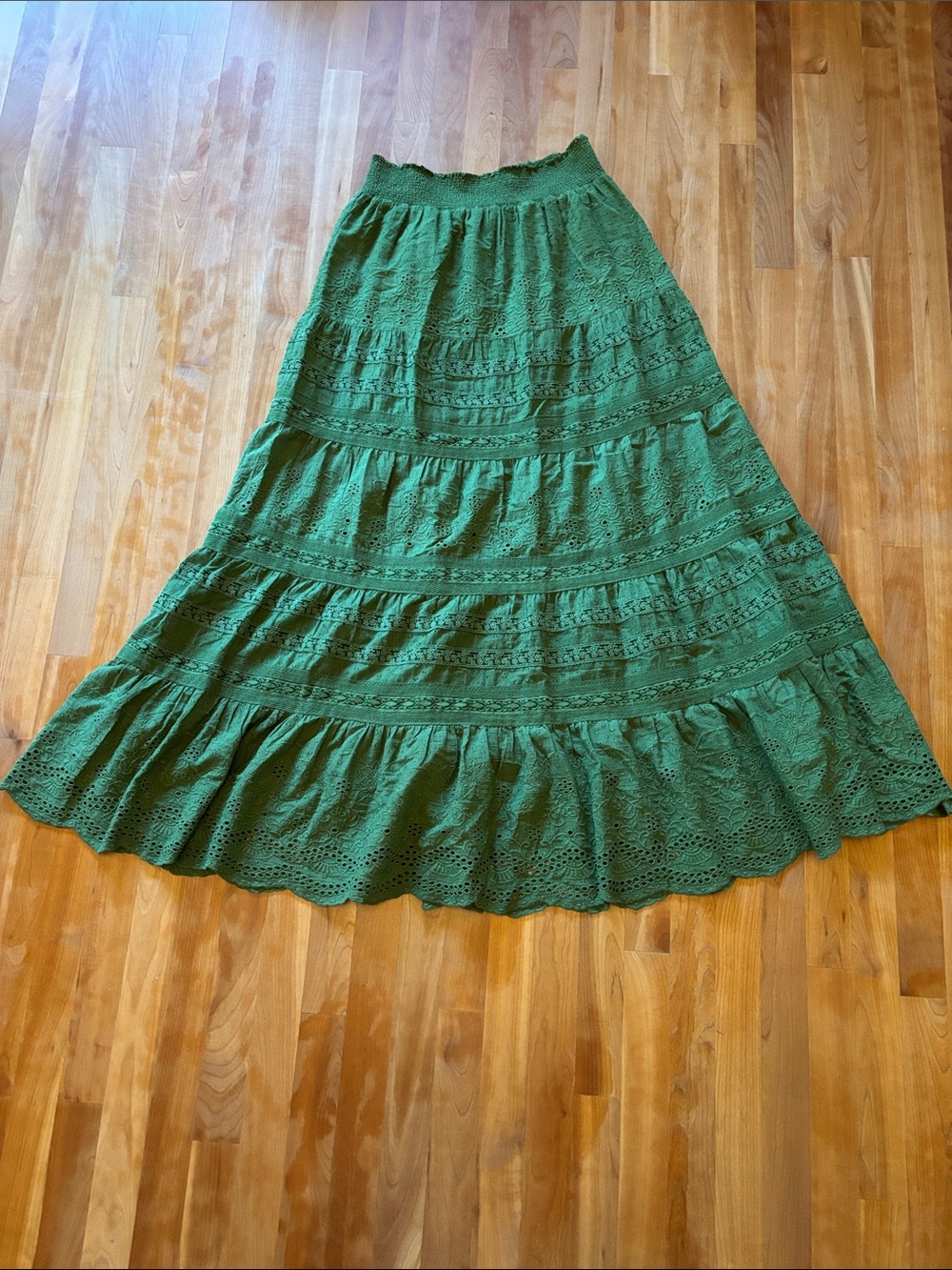 Alice + Olivia Olive Green Eyelet Tiered Maxi Skirt